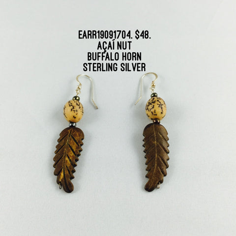 Carved Horn with Acai Nuts Earrings